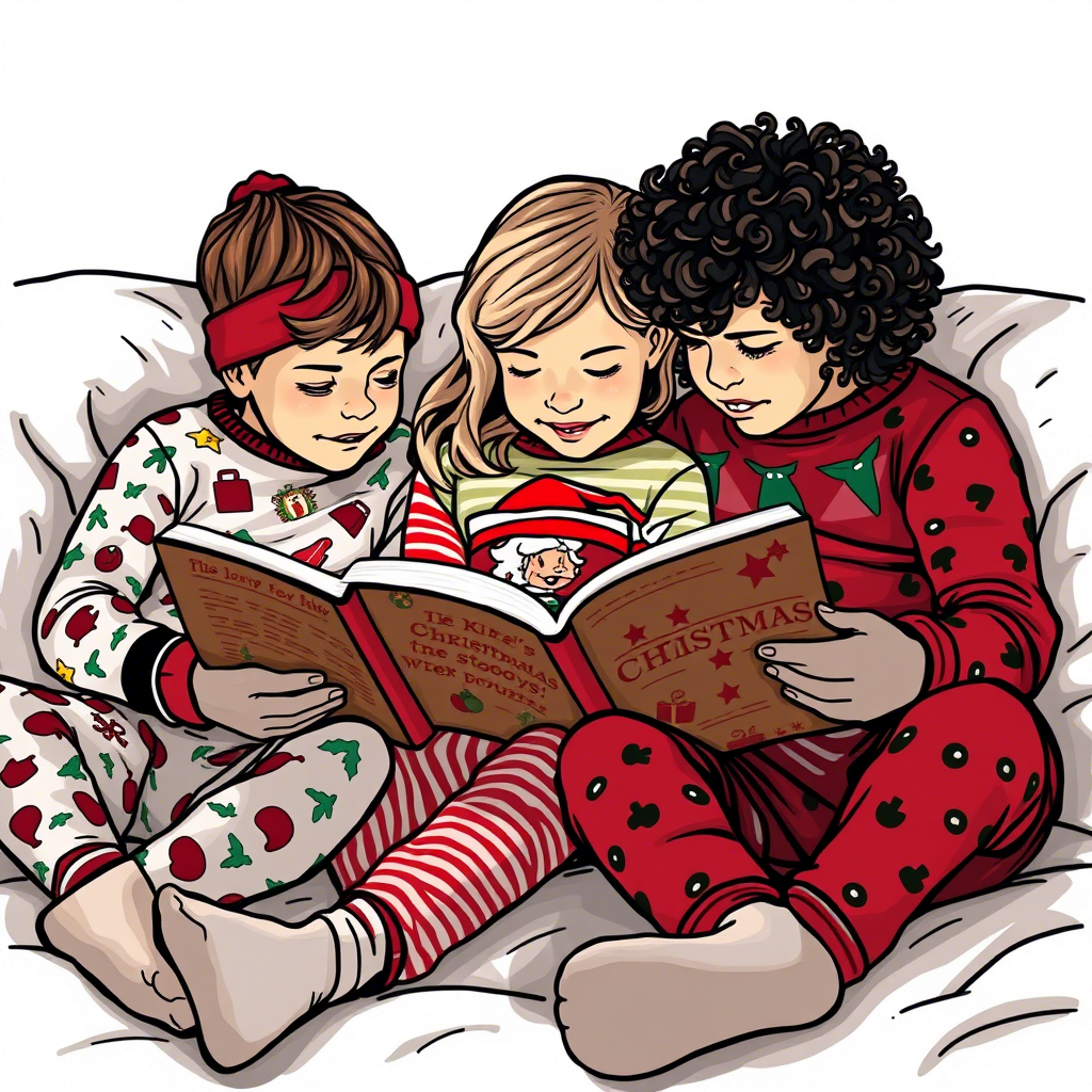 Kids snuggled up in holiday-themed PJs, reading Christmas stories together
