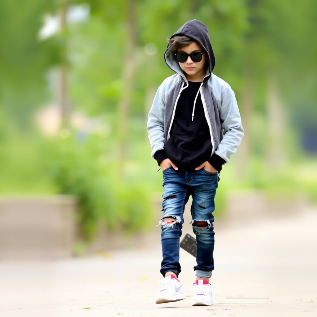 Kids streetwear model wearing trendy jeans and hooded sweatshirt walking outdoors