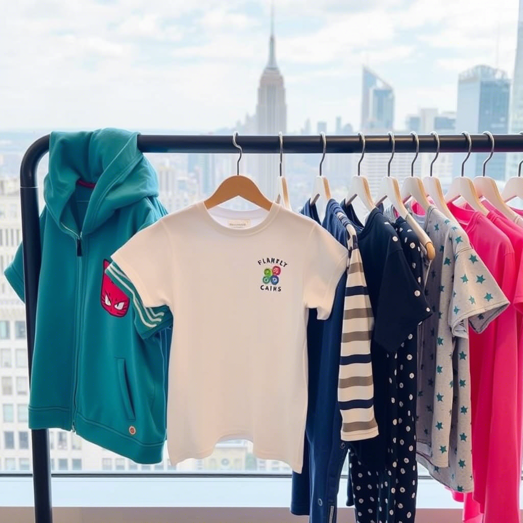 Kids wear arranged on a rack with a cityscape or outdoor scenery behind