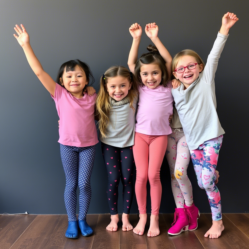 Kids wearing assorted leggings and having fun together