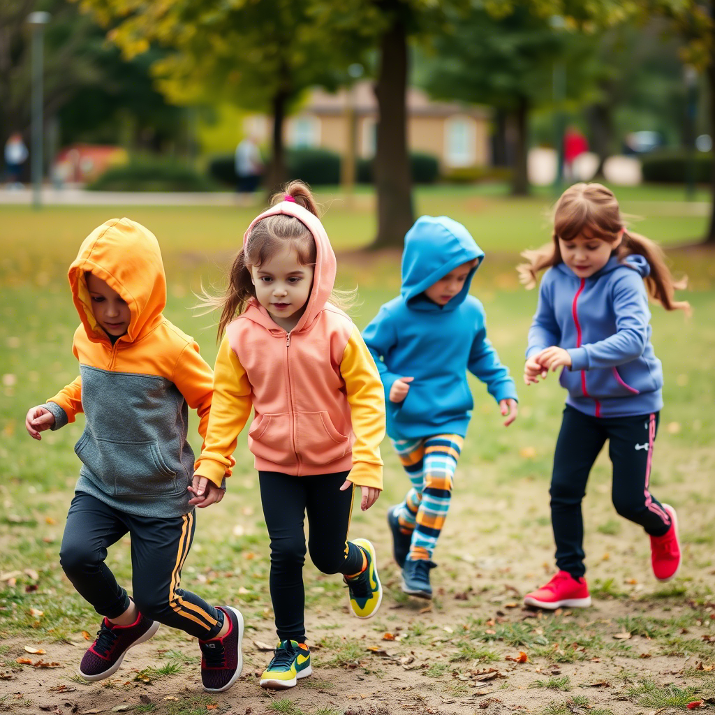 Kids wearing colorful hoodies and sweatpants playing in a park