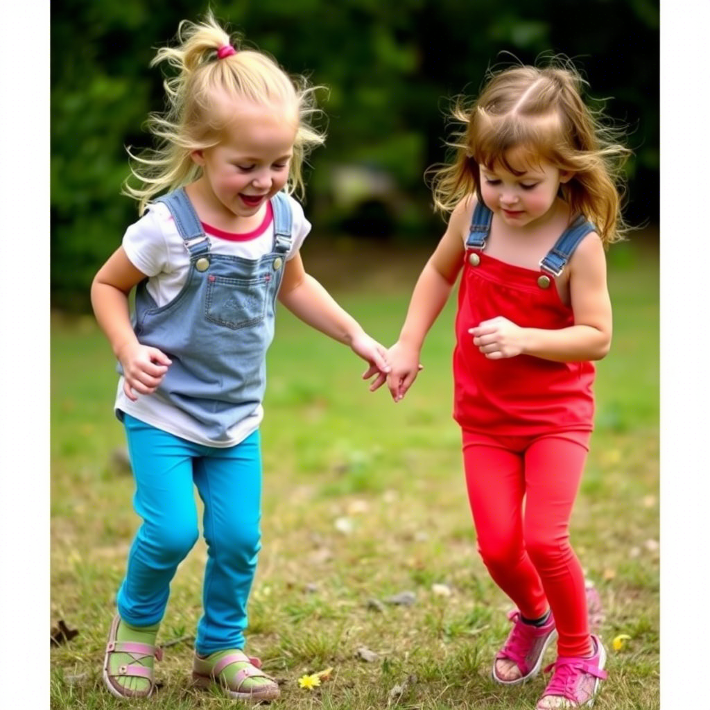 Kids wearing colorful jeans and leggings playing outside