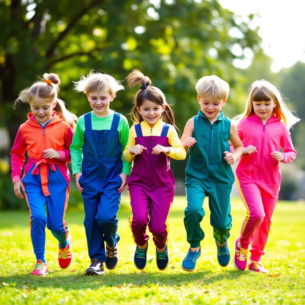 Kids wearing colorful jumpsuits for a fun outdoor activity