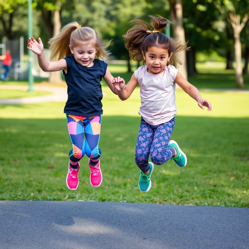 Kids wearing colorful leggings and running shoes jumping in park