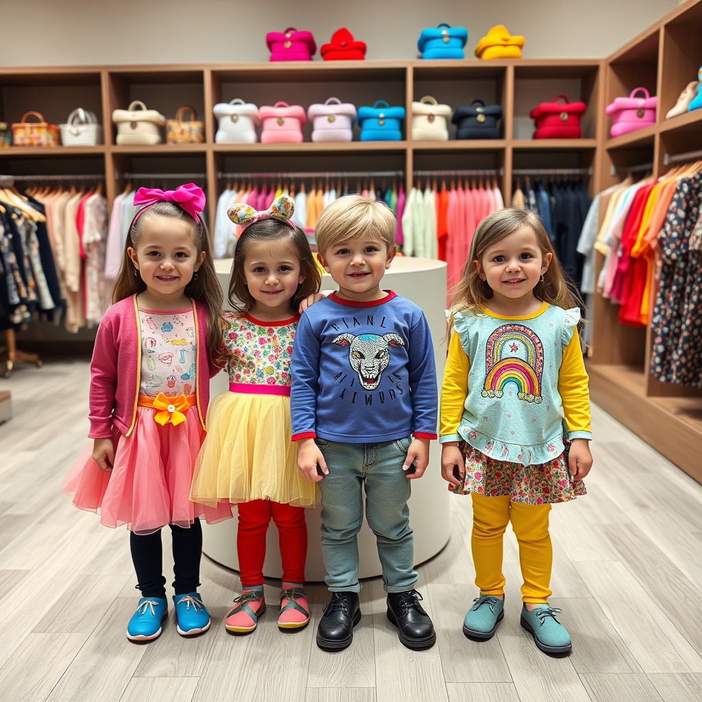 Kids wearing colorful outfits in a boutique setting