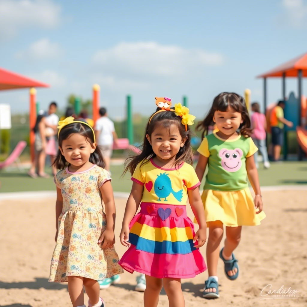 Kids wearing colorful outfits in a lively playground scene