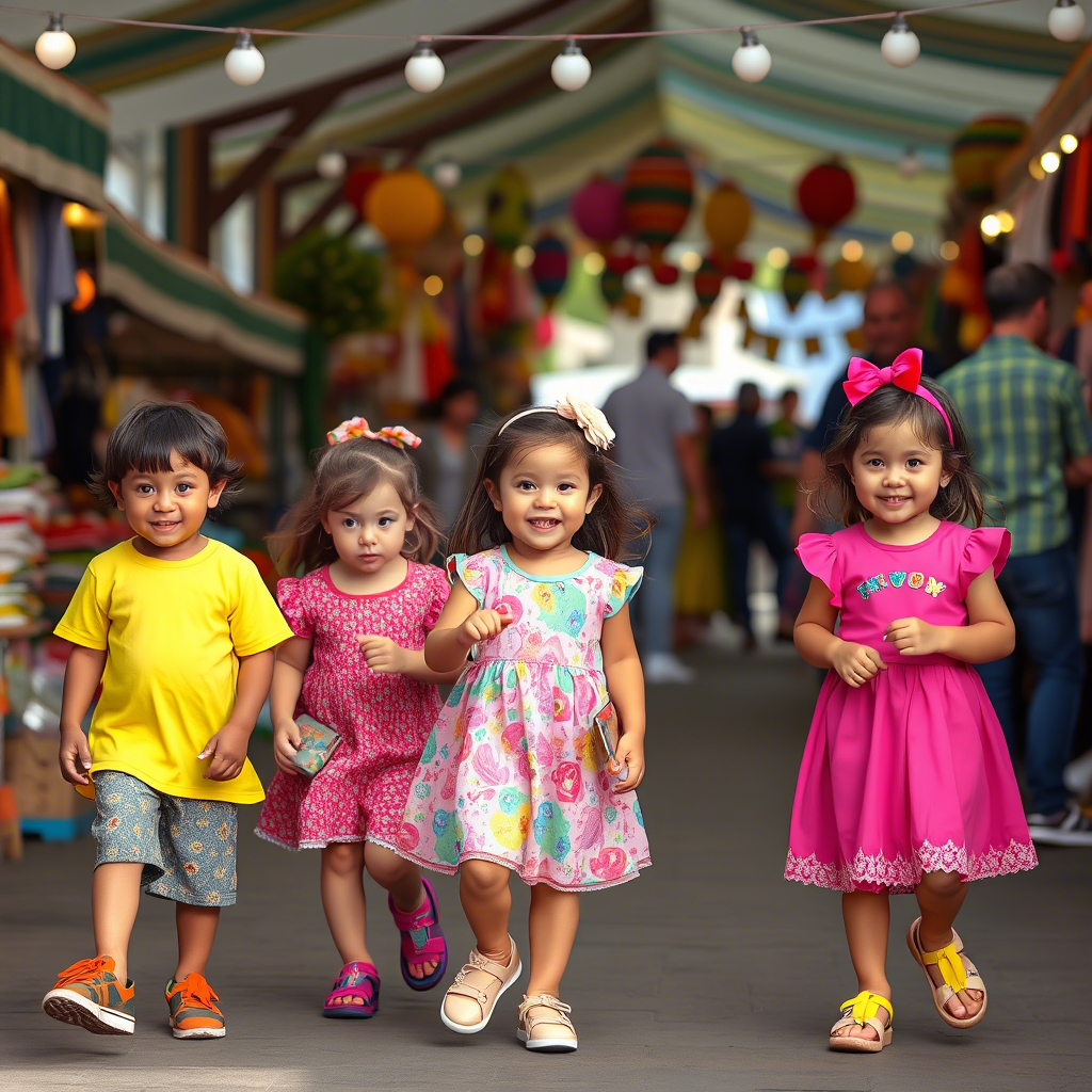 Kids wearing colorful outfits playing in a lively outdoor marketplace