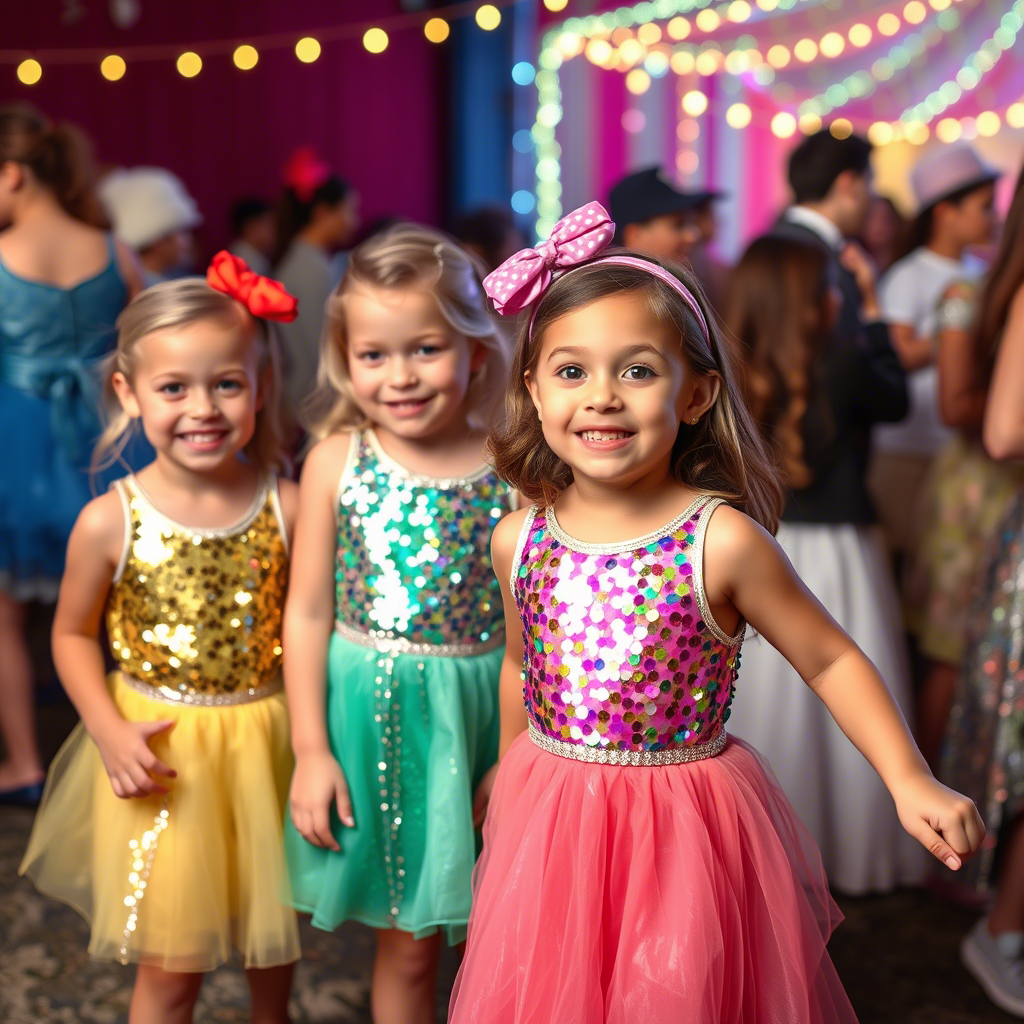 Kids wearing colorful sequin dresses having fun at a carnival celebration
