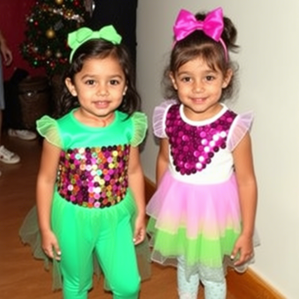 Kids wearing colorful sequin outfits for festive party