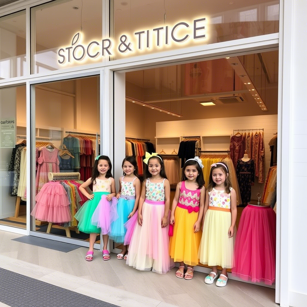 Kids wearing colorful skirts and dresses posing in a boutique storefront