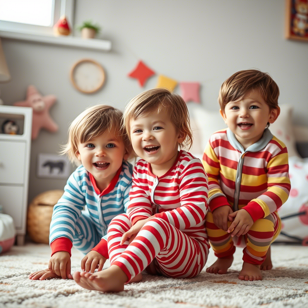 Kids wearing colorful striped pajamas in a playful scene