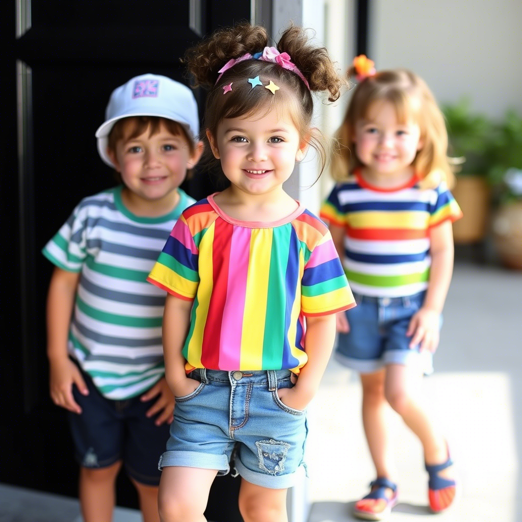 Kids wearing colorful striped tops with denim shorts