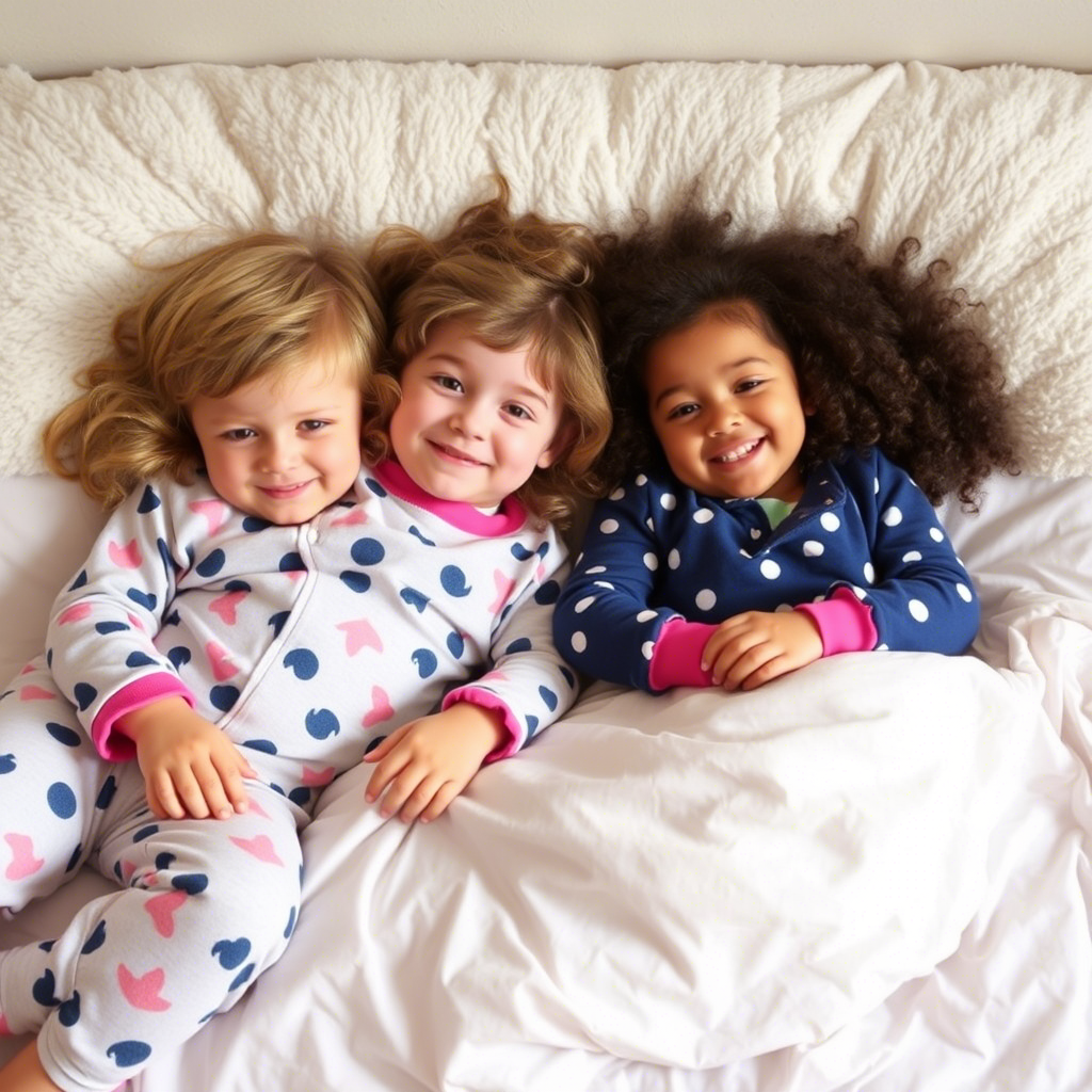 Kids wearing cozy pajamas lounging on a soft, fluffy bed