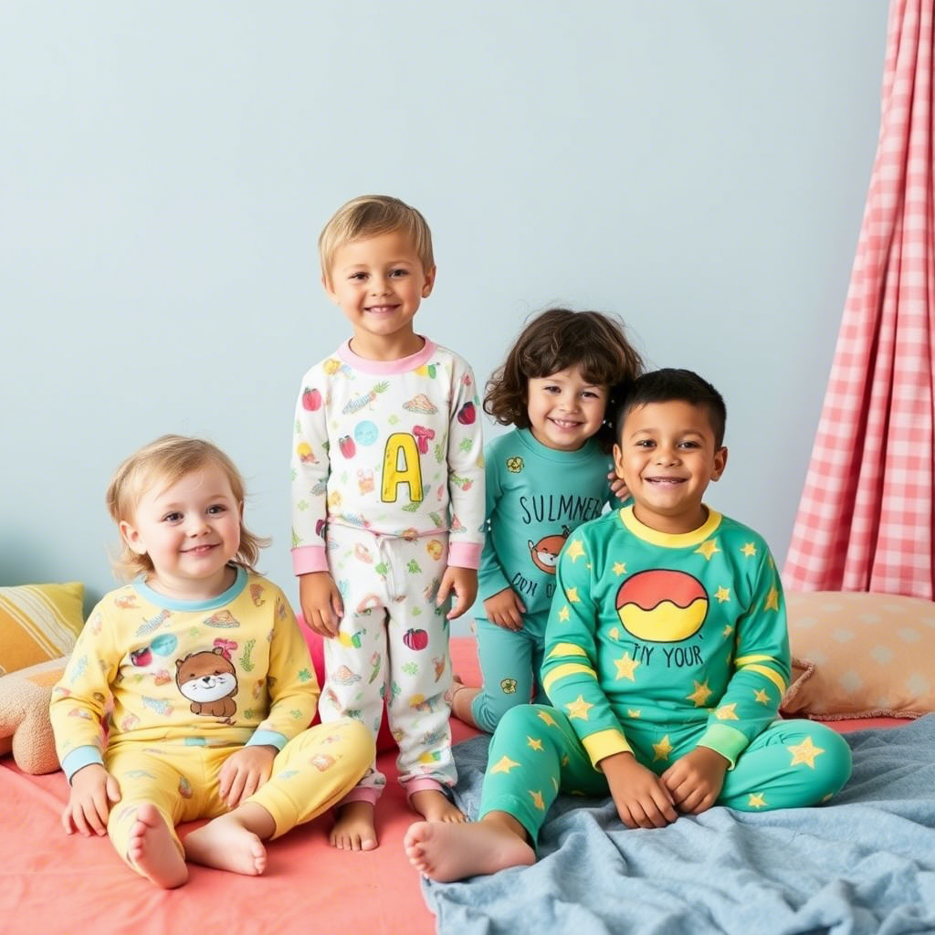 Kids wearing cozy pajamas with fun summer themes and colors