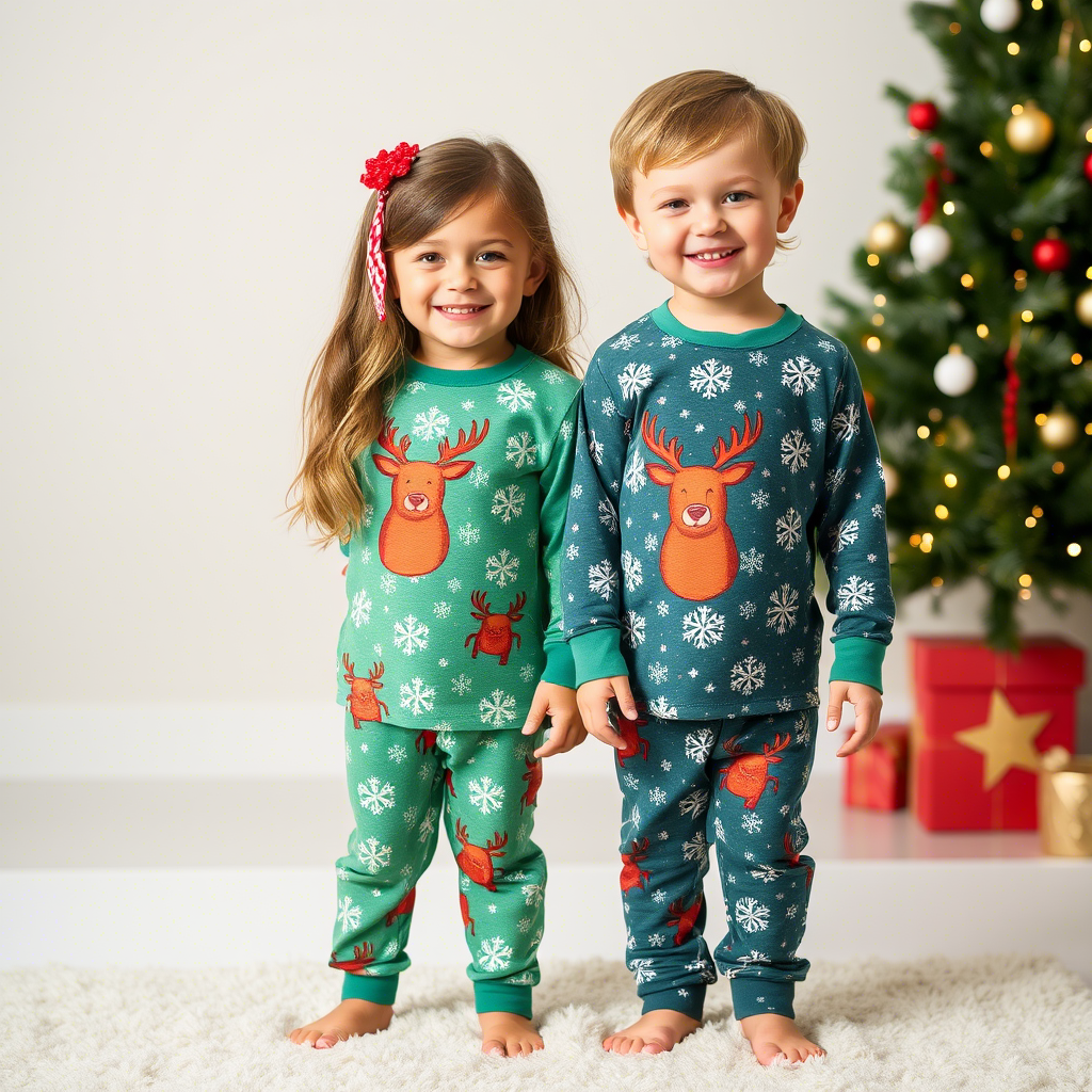 Kids wearing festive holiday PJs with snowflakes and reindeer