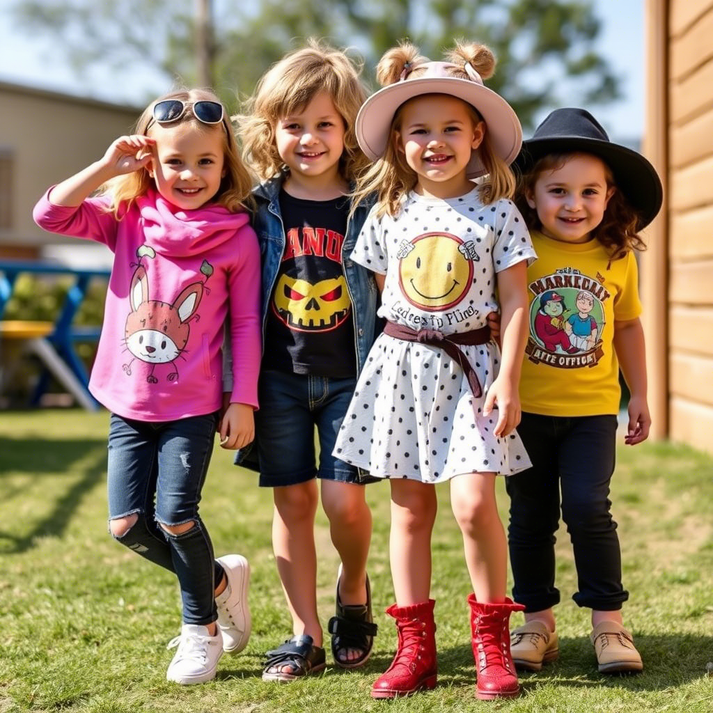 Kids wearing fun and trendy outfits in a playful outdoor setting