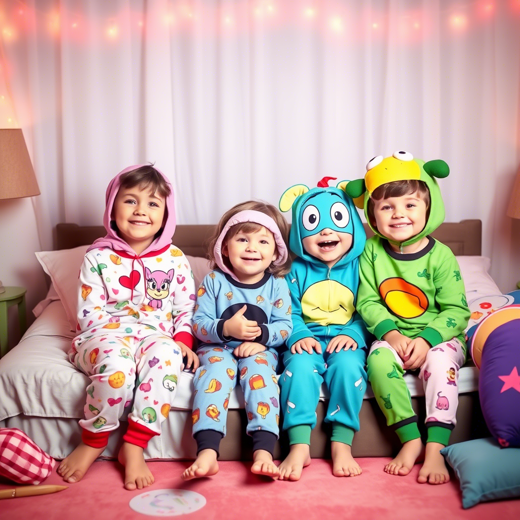 Kids wearing fun cartoon character pajamas having a slumber party