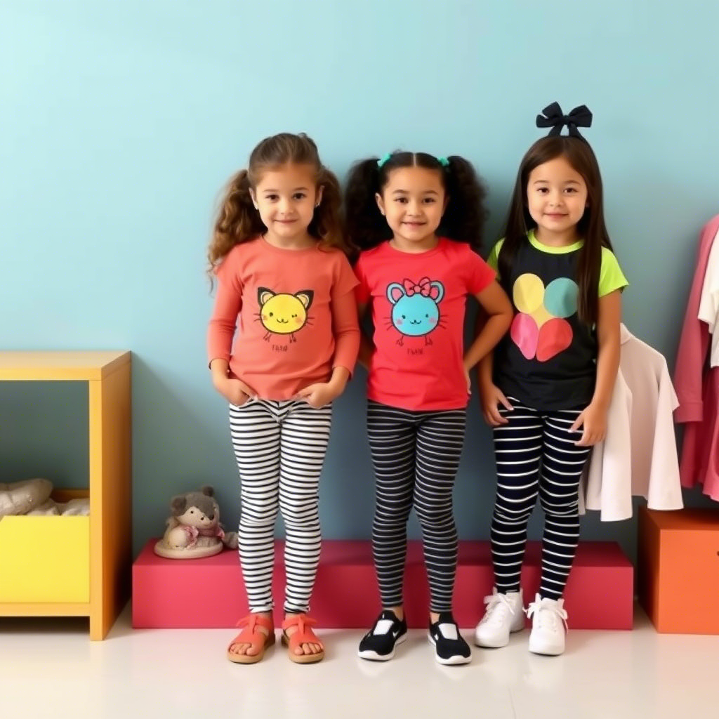Kids wearing fun graphic tops and striped leggings for sale display