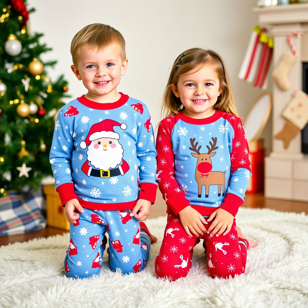 Kids wearing matching Christmas PJs with Santa Claus and reindeer