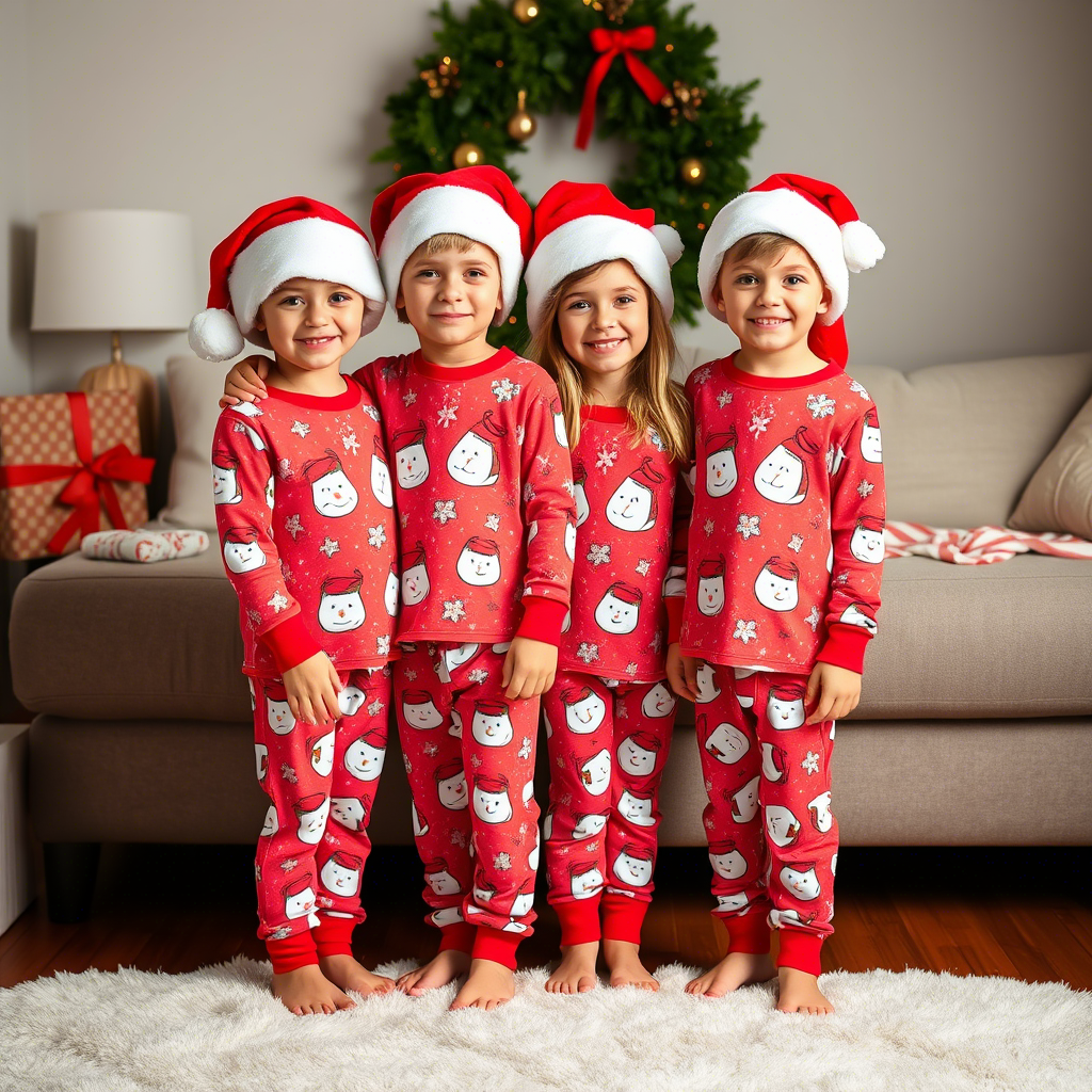 Kids wearing matching Santa hat Christmas pajamas together