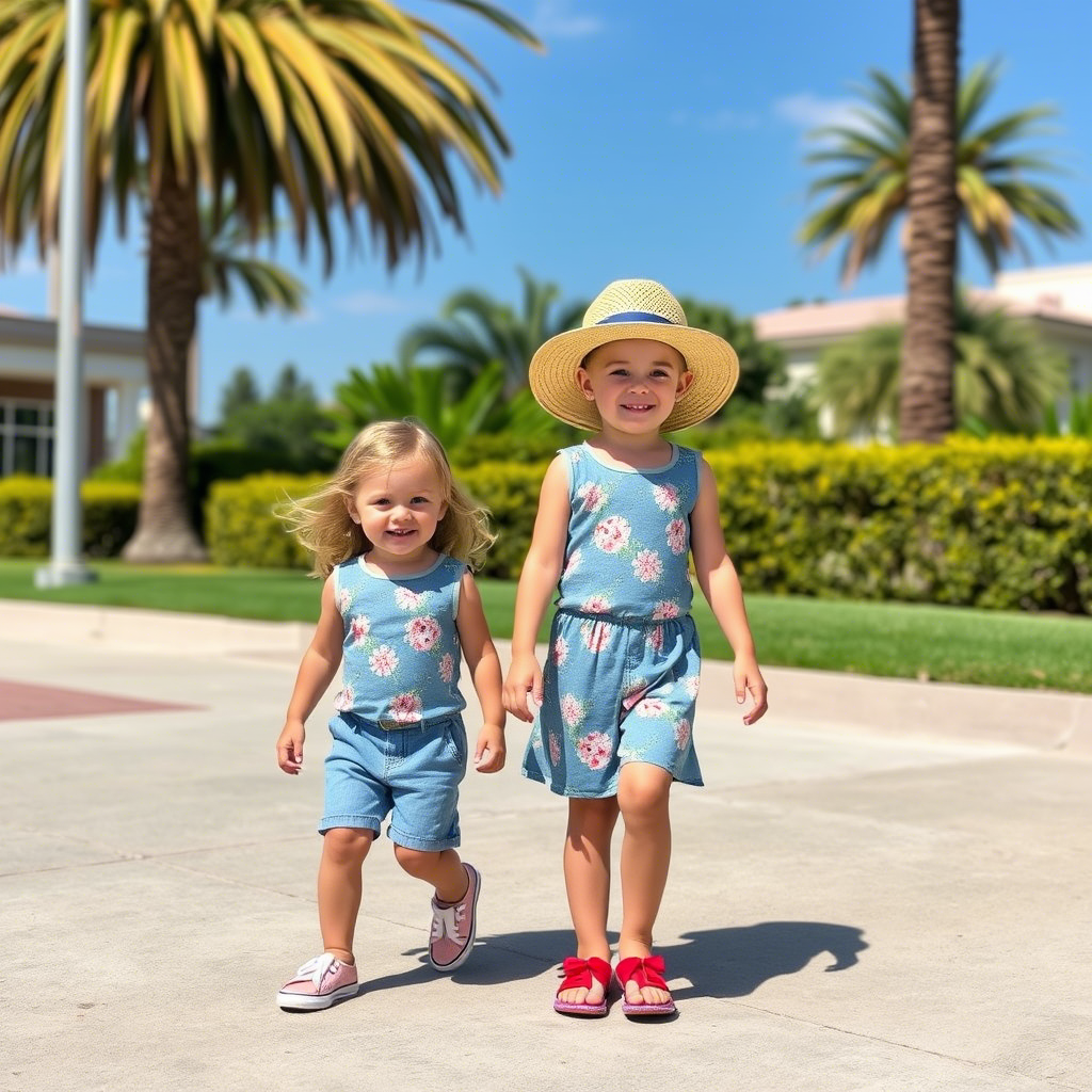 Kids wearing matching sibling outfits on a sunny day