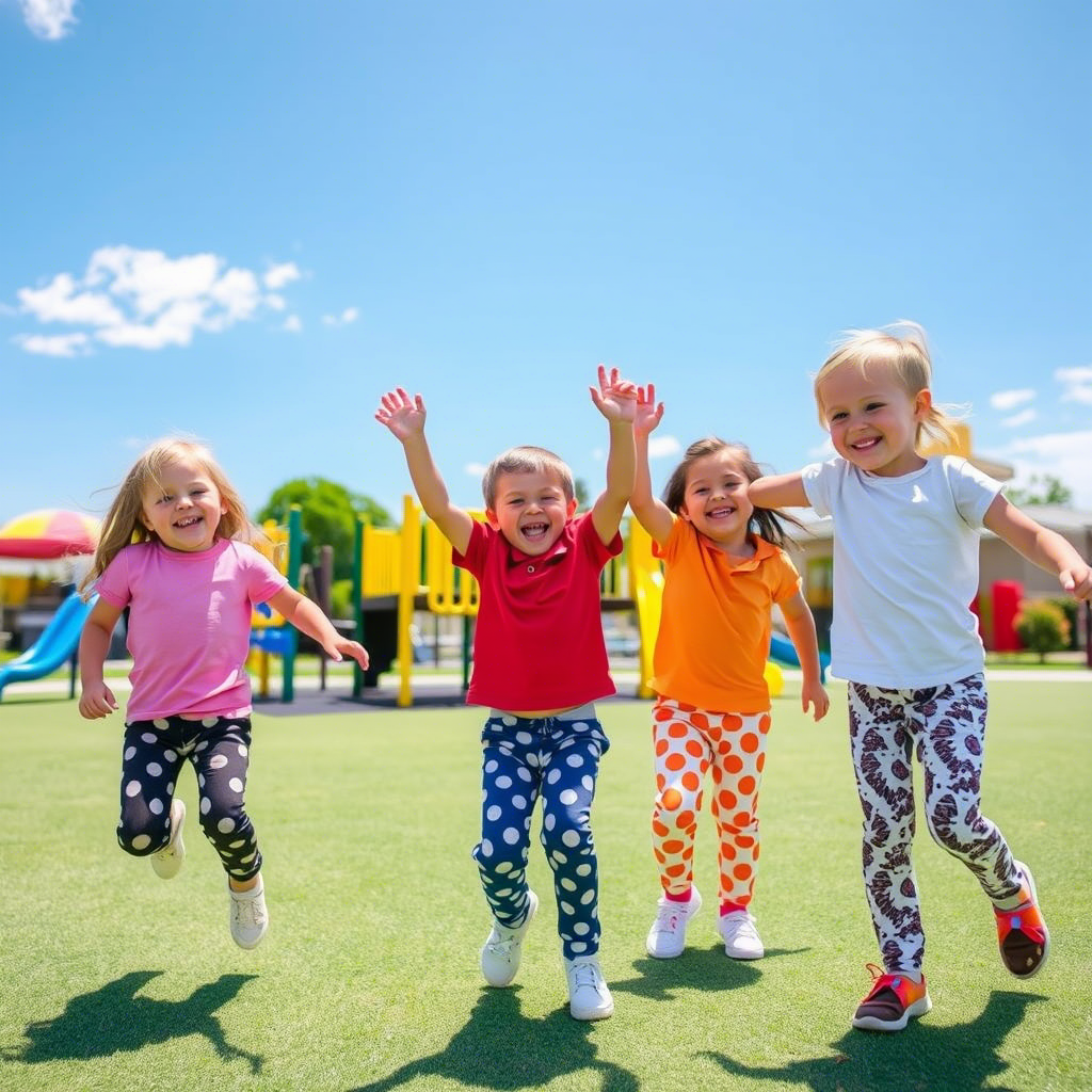 Kids wearing patterned pants having fun at playground