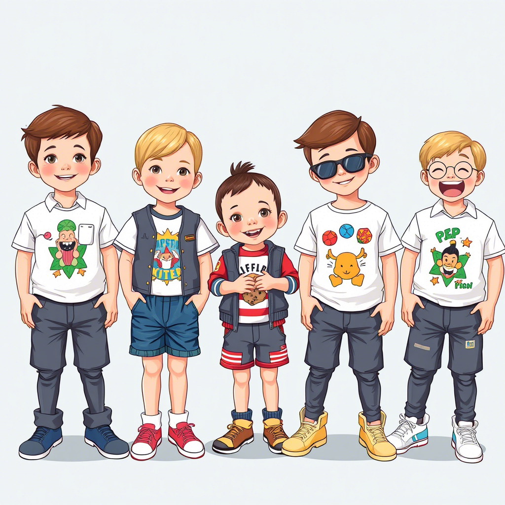 Kids wearing personalized outfits with fun, playful illustrations