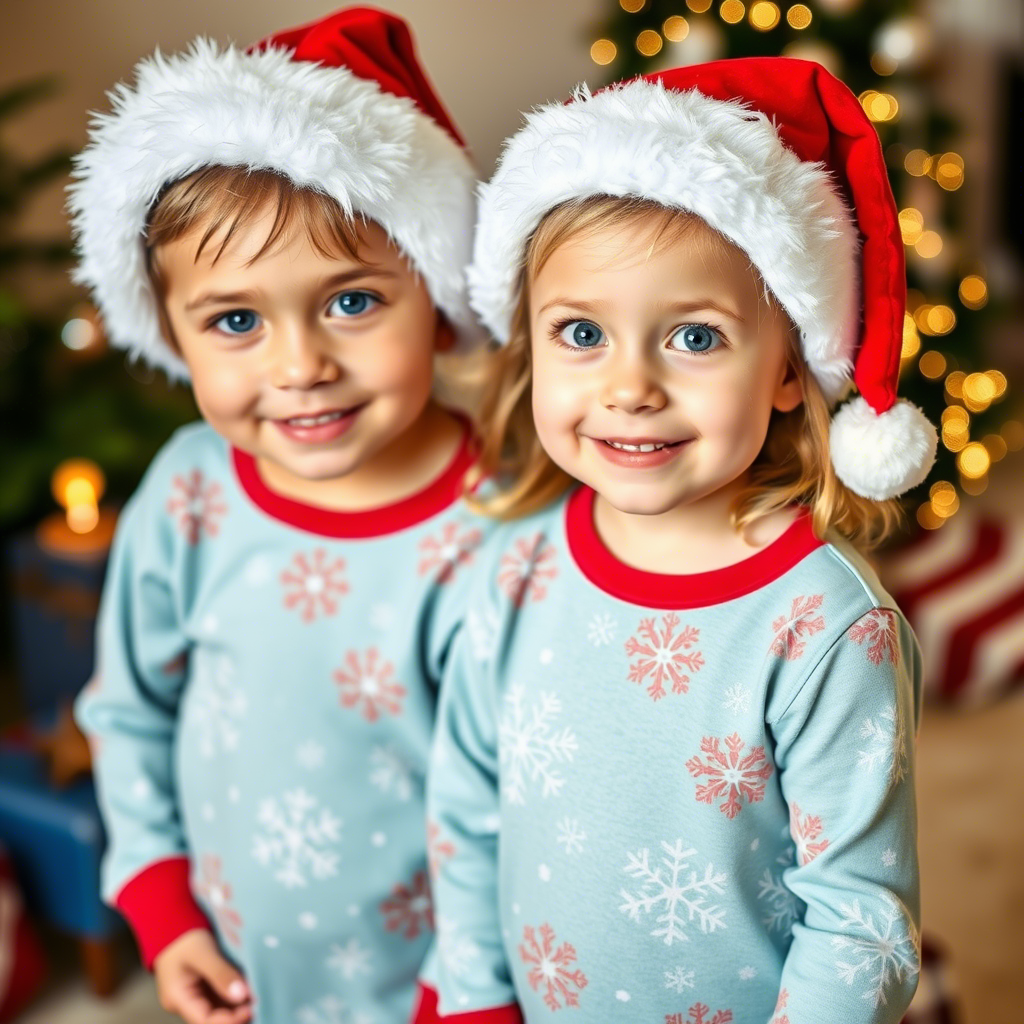 Kids wearing Santa hat PJs with snowflake designs