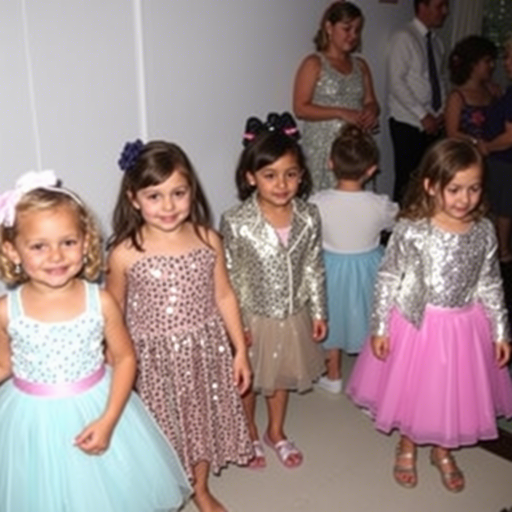 Kids wearing sequined dresses and jackets at a party