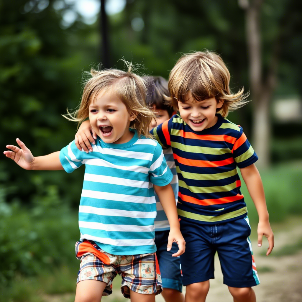 Kids wearing striped shirt and shorts having fun together