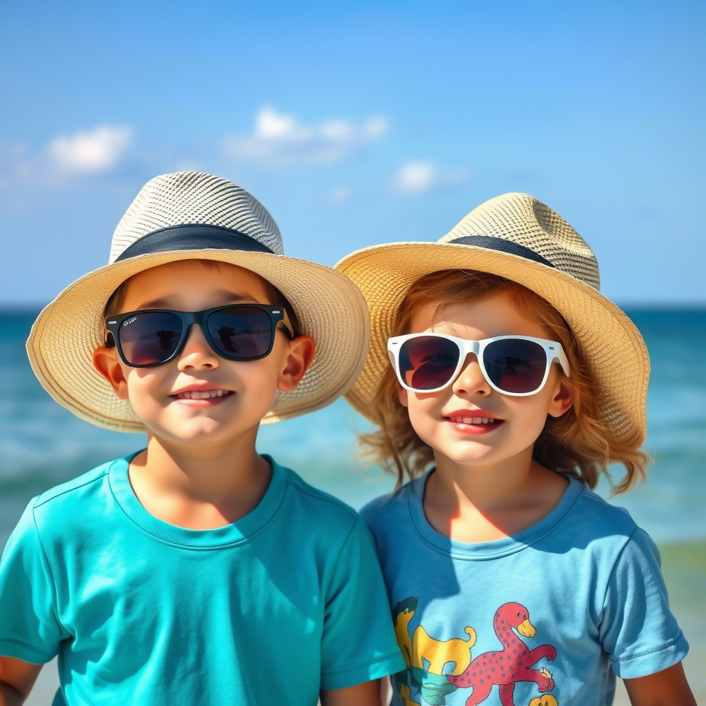 Kids wearing sunglasses and beach hats by the ocean