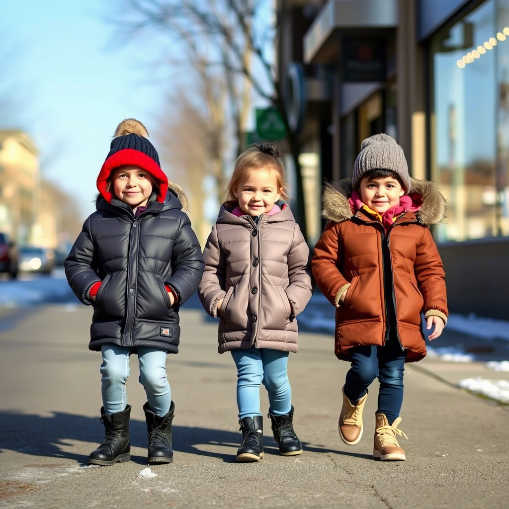 Kids wearing trendy jackets and coats on a winter street