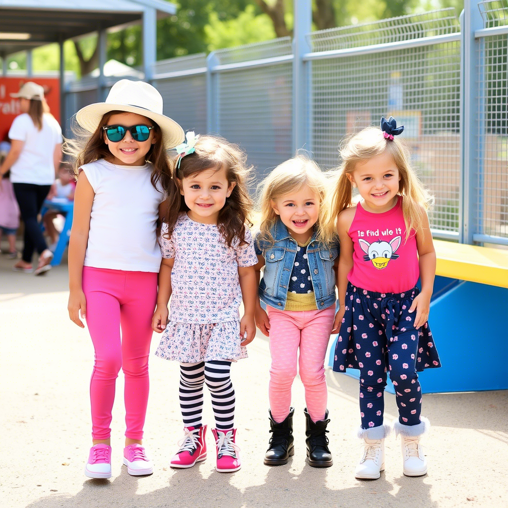 Kids wearing trendy outfits in a playful outdoor setting