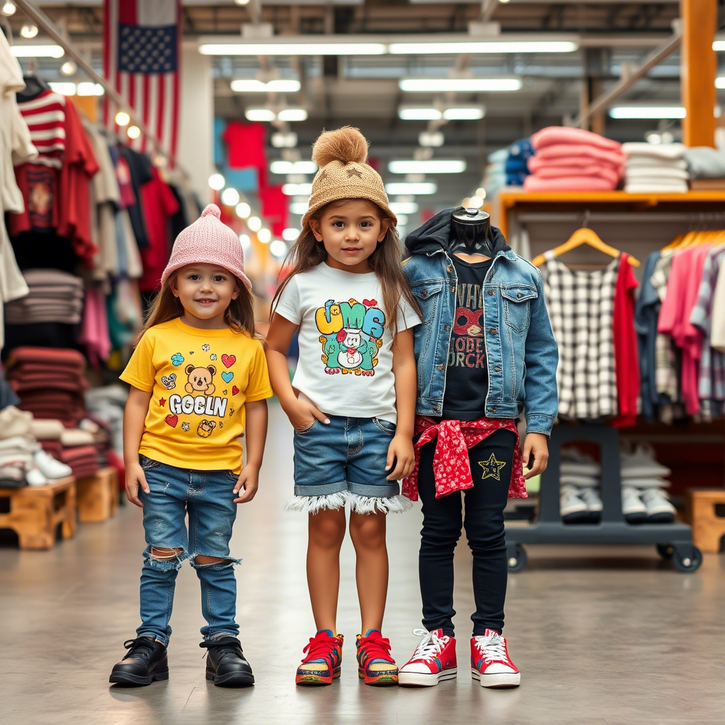 Kids wearing trendy outfits, USA clothing manufacturer in background