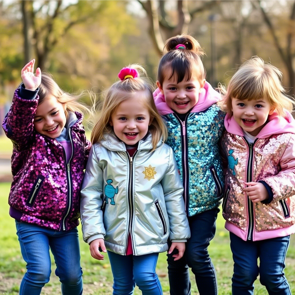 Kids wearing trendy sequin jackets playing together in a park