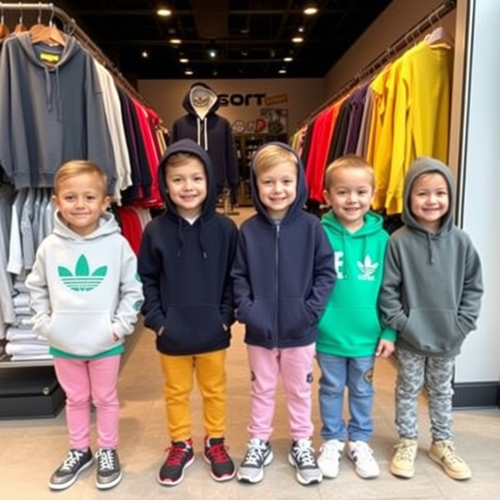 Kids wearing various hoodies and sweatshirts standing in front of a clothing store display