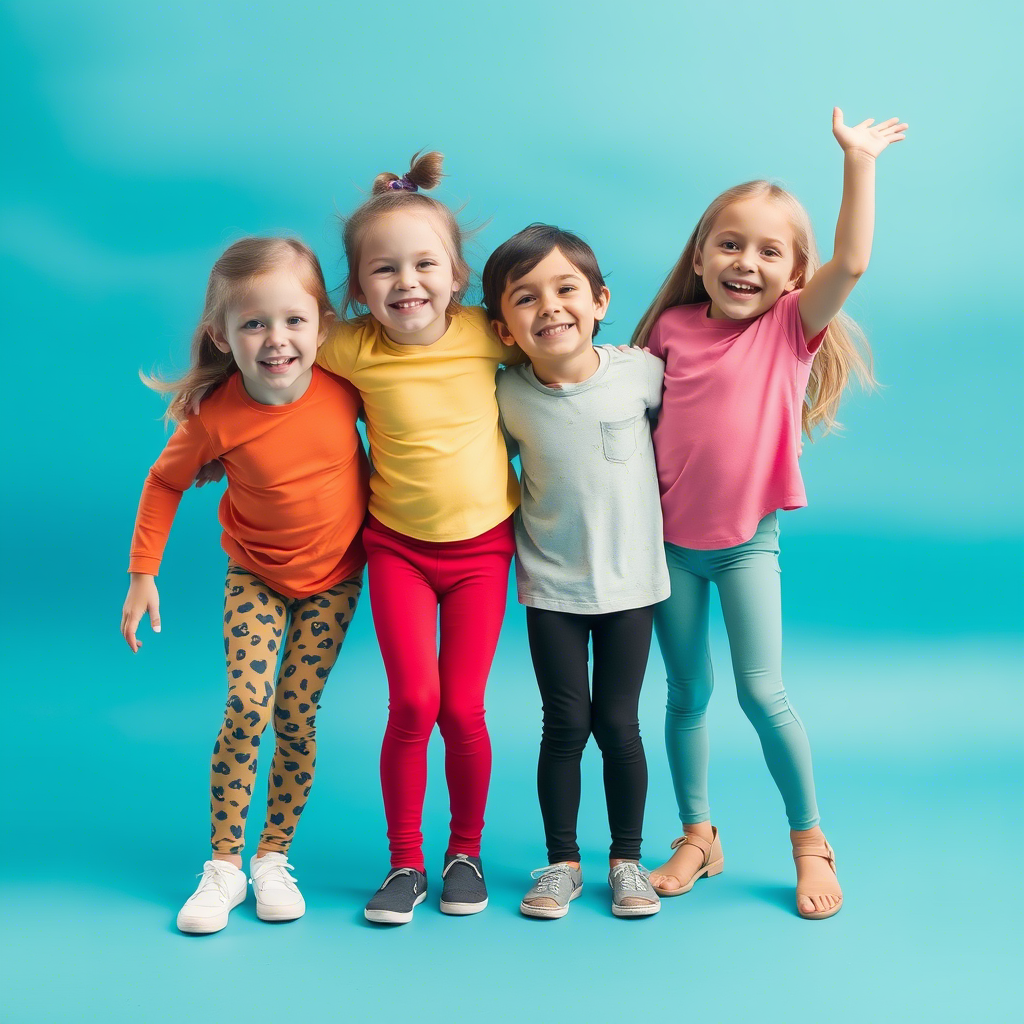Kids wearing various leggings and pants, having fun together