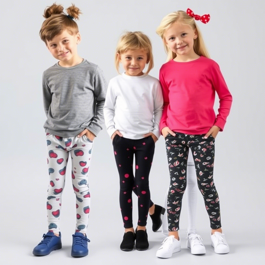 Kids wearing various leggings and pants, showcasing different styles