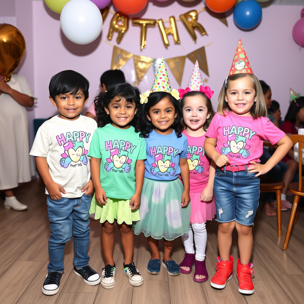 Kids wearing vibrant custom clothing having fun at birthday party