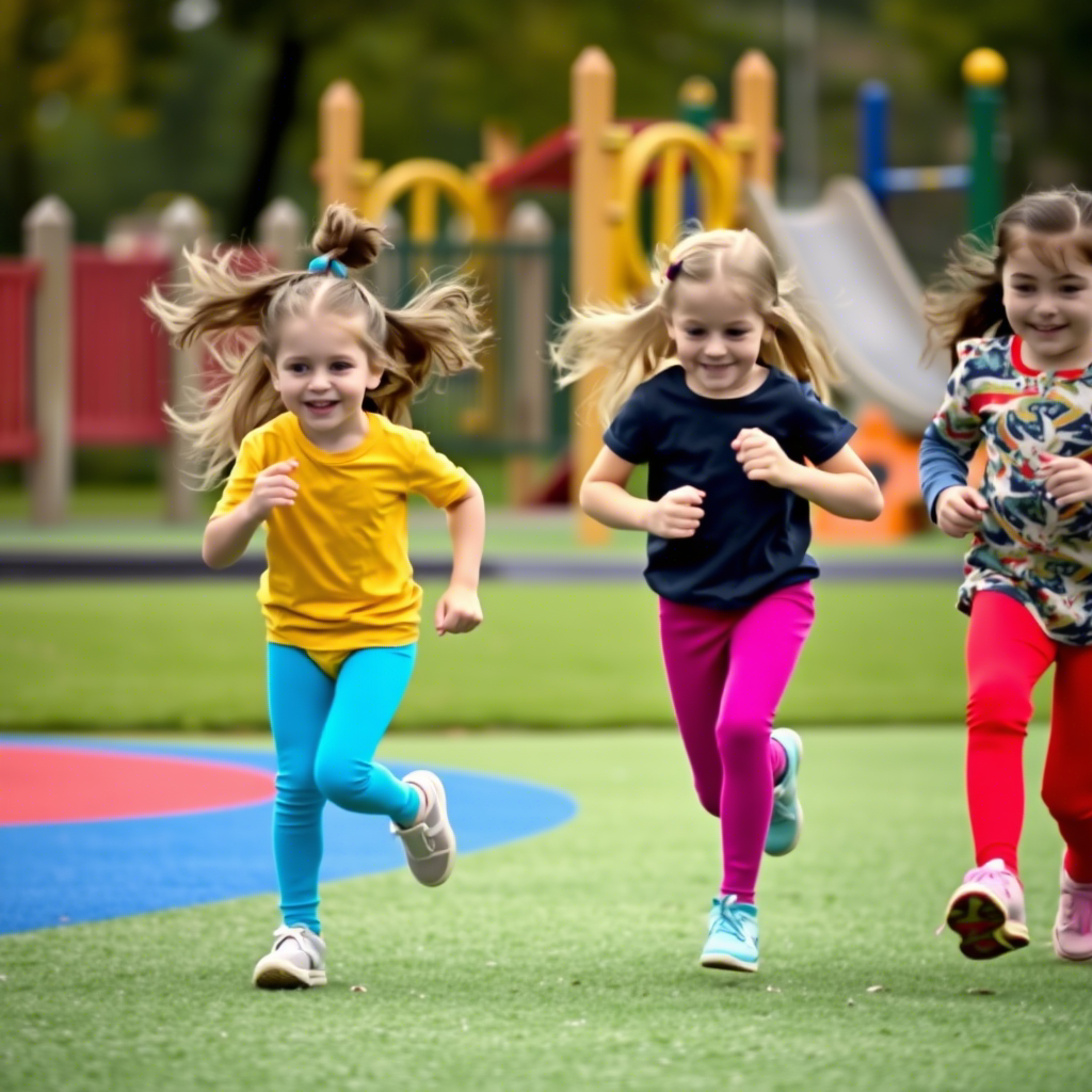 Kids wearing vibrant pants and leggings, running in a playground
