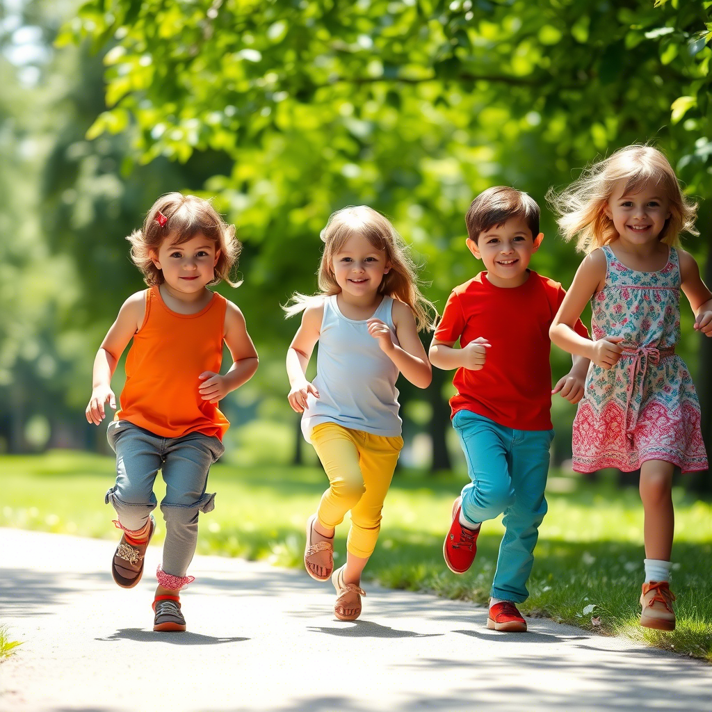 Kids wearing vibrant summer pants and running in a lush green park