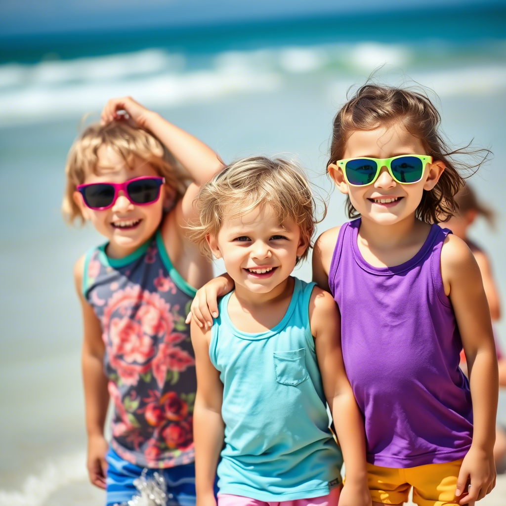 Kids wearing vibrant tank tops and having fun at the beach