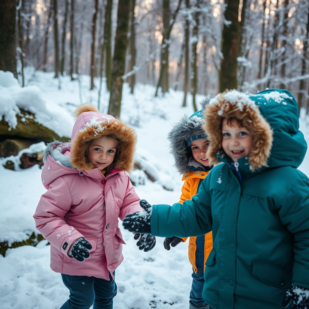 Kids wearing warm coats and playing in a snowy forest