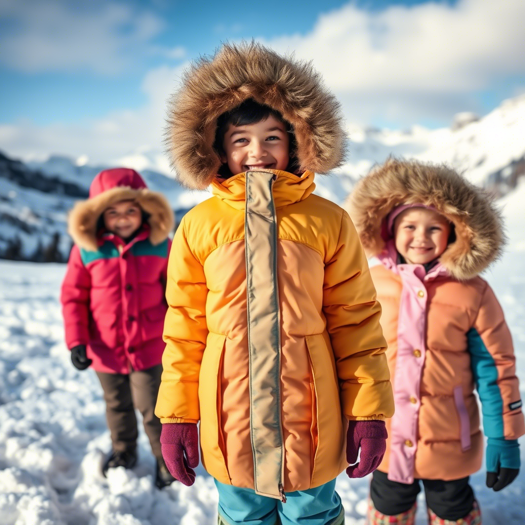 Kids wearing warm outerwear coats in snowy mountains