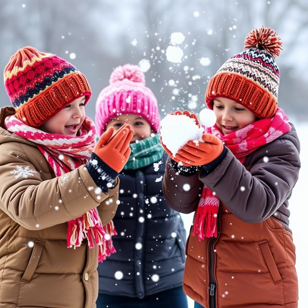Kids wearing warm winter hats and scarves, having a snowball fight