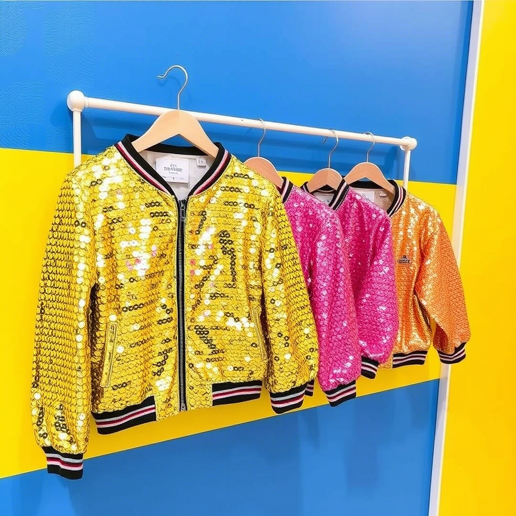 Kids’ wholesale clothing store showcasing sequin jackets for sale