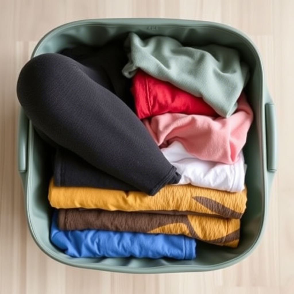 Leggings and pants neatly folded in a wholesale storage bin