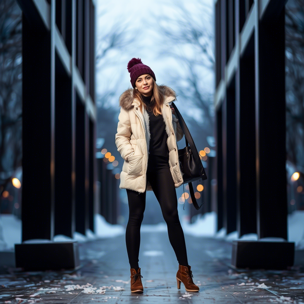 Leggings and tights fashion model posing in winter clothing