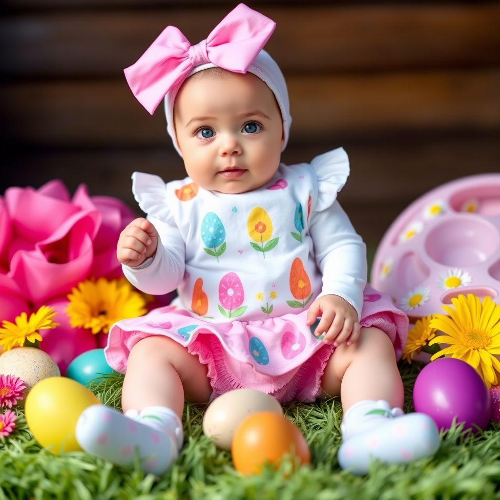 Lezonkids Easter-themed baby outfit with colorful eggs and flowers