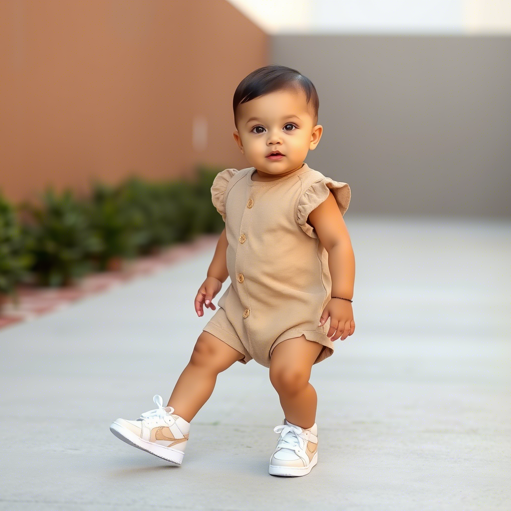 Lezonkidss baby model wearing neutral-toned romper and sneakers